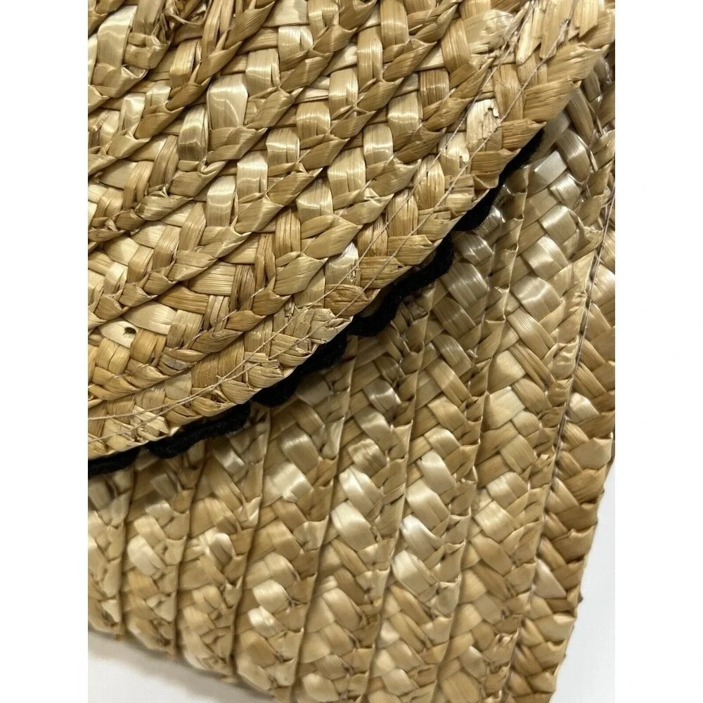 Shiraleah Straw Envelope Clutch Purse W/ Black Trim. Leopard Lining Snap Closure
